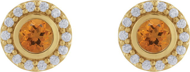 14K Gold Round Natural Citrine & Natural Diamond Bezel-Set Halo-Style Stud Earrings - Yellow Gold - view 2