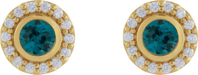 14K Gold Round Natural London Blue Topaz & Natural Diamond Bezel-Set Halo-Style Stud Earrings - Yellow Gold - view 2