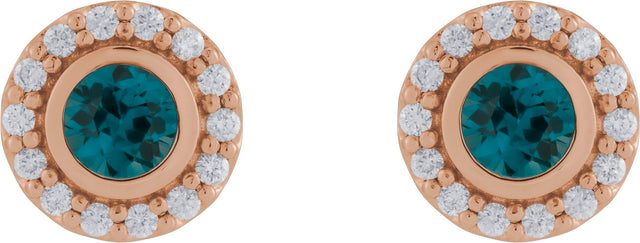 14K Gold Round Natural London Blue Topaz & Natural Diamond Bezel-Set Halo-Style Stud Earrings - Rose Gold - view 2