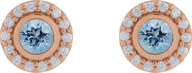 14K Gold Round Lab-Grown Aqua Sapphire & Natural Diamond Bezel-Set Halo-Style Stud Earrings - Rose Gold - view 2