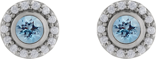 14K Gold Round Lab-Grown Aqua Sapphire & Natural Diamond Bezel-Set Halo-Style Stud Earrings - White Gold - view 2