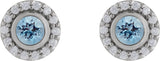 Platinum Round Lab-Grown Aqua Sapphire & Natural Diamond Bezel-Set Halo-Style Stud Earrings - view 2