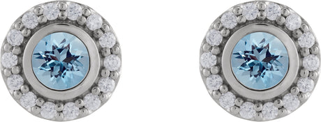 Platinum Round Lab-Grown Aqua Sapphire & Natural Diamond Bezel-Set Halo-Style Stud Earrings - view 2