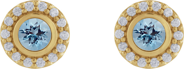 14K Gold Round Lab-Grown Aqua Sapphire & Natural Diamond Bezel-Set Halo-Style Stud Earrings - Yellow Gold - view 2