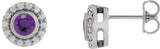 Platinum Round Natural Amethyst & Natural Diamond Bezel-Set Halo-Style Stud Earrings – 4mm Stones