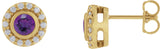 14K Gold Round Natural Amethyst & Natural Diamond Bezel-Set Halo-Style Stud Earrings – 4mm Stones - Yellow Gold