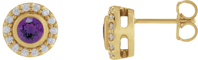 14K Gold Round Natural Amethyst & Natural Diamond Bezel-Set Halo-Style Stud Earrings – 4mm Stones - Yellow Gold