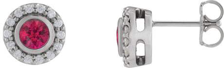 Platinum Round Lab-Grown Ruby & Natural Diamond Bezel-Set Halo-Style Stud Earrings