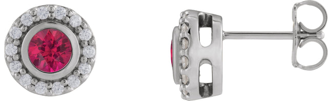 Platinum Round Lab-Grown Ruby & Natural Diamond Bezel-Set Halo-Style Stud Earrings
