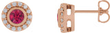 14K Gold Round Lab-Grown Ruby & Natural Diamond Bezel-Set Halo-Style Stud Earrings - Rose Gold