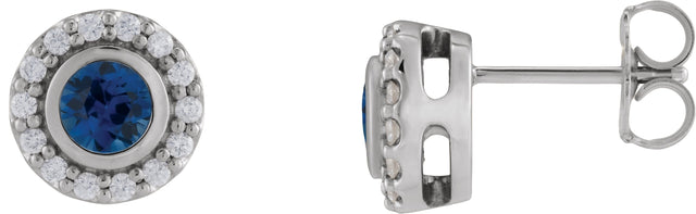 Platinum Round Lab-Grown Blue Sapphire & Natural Diamond Bezel-Set Halo-Style Stud Earrings