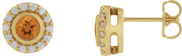 14K Gold Round Natural Citrine & Natural Diamond Bezel-Set Halo-Style Stud Earrings - Yellow Gold