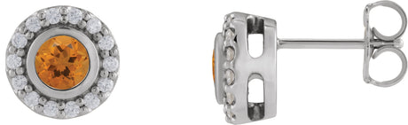 Platinum Round Natural Citrine & Natural Diamond Bezel-Set Halo-Style Stud Earrings
