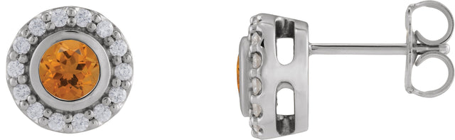 Platinum Round Natural Citrine & Natural Diamond Bezel-Set Halo-Style Stud Earrings