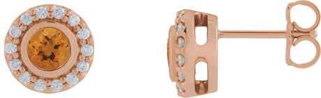 14K Gold Round Natural Citrine & Natural Diamond Bezel-Set Halo-Style Stud Earrings - Rose Gold