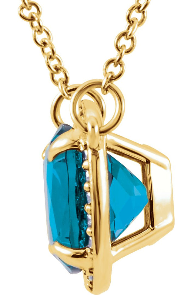 14K Gold Cushion Natural Swiss Blue Topaz & Natural Diamond Halo-Style Necklace – 8x8mm - Yellow Gold - view 2