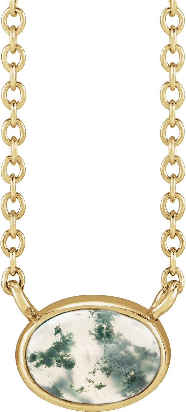 14K Gold Oval Natural Moss Agate Bezel-Set Cabochon Necklace - Yellow Gold