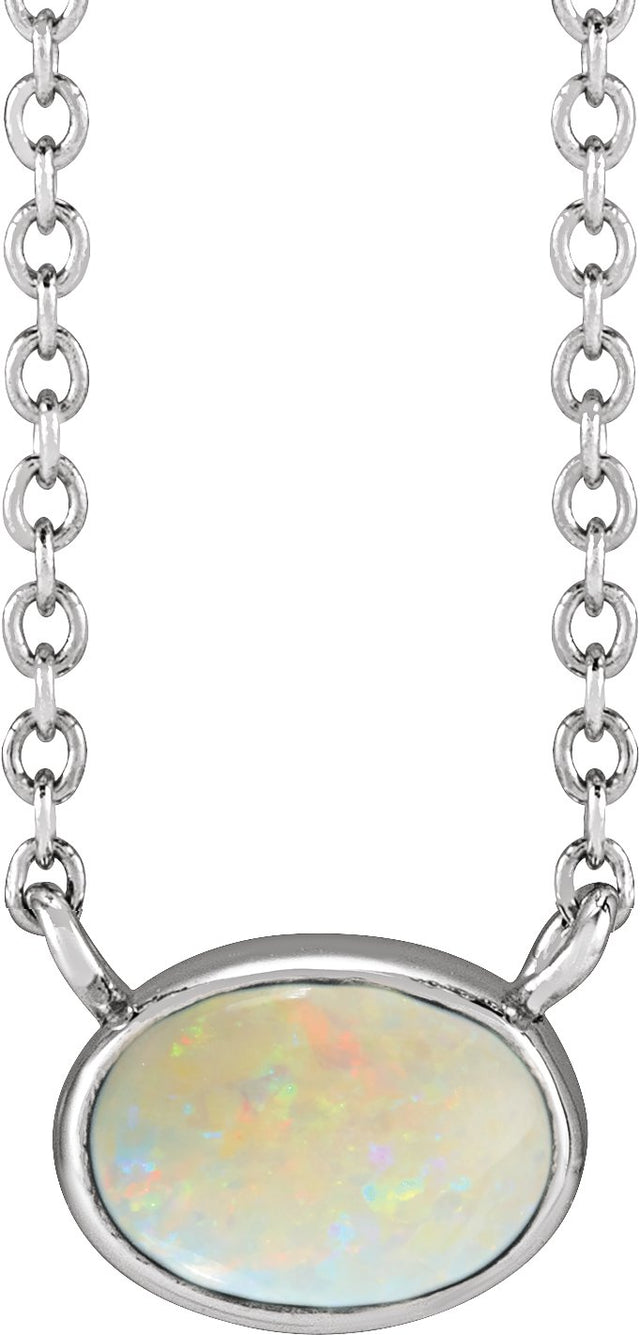 14K Gold Oval Natural White Opal Bezel-Set Cabochon Necklace - White Gold