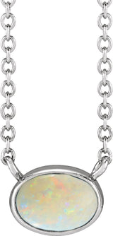 14K Gold Oval Lab-Grown White Opal Bezel-Set Cabochon Necklace - White Gold