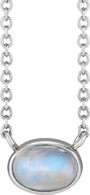 Platinum Oval Natural Rainbow Moonstone Bezel-Set Cabochon Necklace