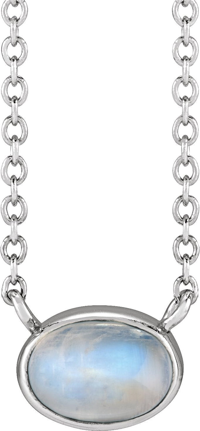 Platinum Oval Natural Rainbow Moonstone Bezel-Set Cabochon Necklace