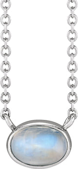 14K Gold Oval Natural Rainbow Moonstone Bezel-Set Cabochon Necklace - White Gold