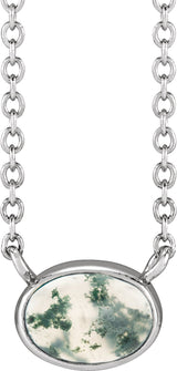 Platinum Oval Natural Moss Agate Bezel-Set Cabochon Necklace