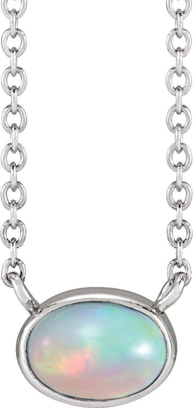 Platinum Oval Natural Ethiopian Opal Bezel-Set Cabochon Necklace