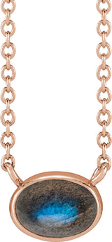14K Gold Oval Natural Labradorite Bezel-Set Cabochon Necklace - Rose Gold