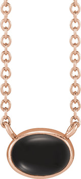 14K Gold Oval Natural Black Onyx Bezel-Set Cabochon Necklace - Rose Gold