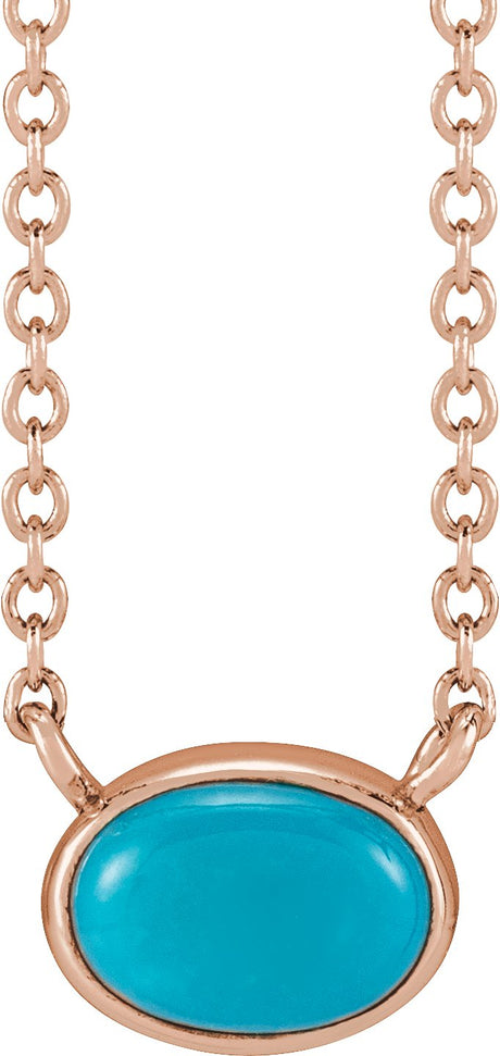 14K Gold Oval Natural Turquoise Bezel-Set Cabochon Necklace - Rose Gold
