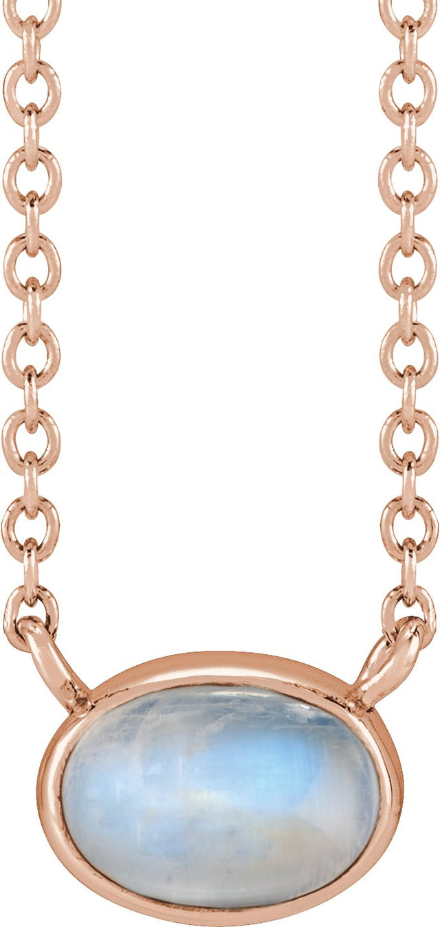 14K Gold Oval Natural Rainbow Moonstone Bezel-Set Cabochon Necklace - Rose Gold