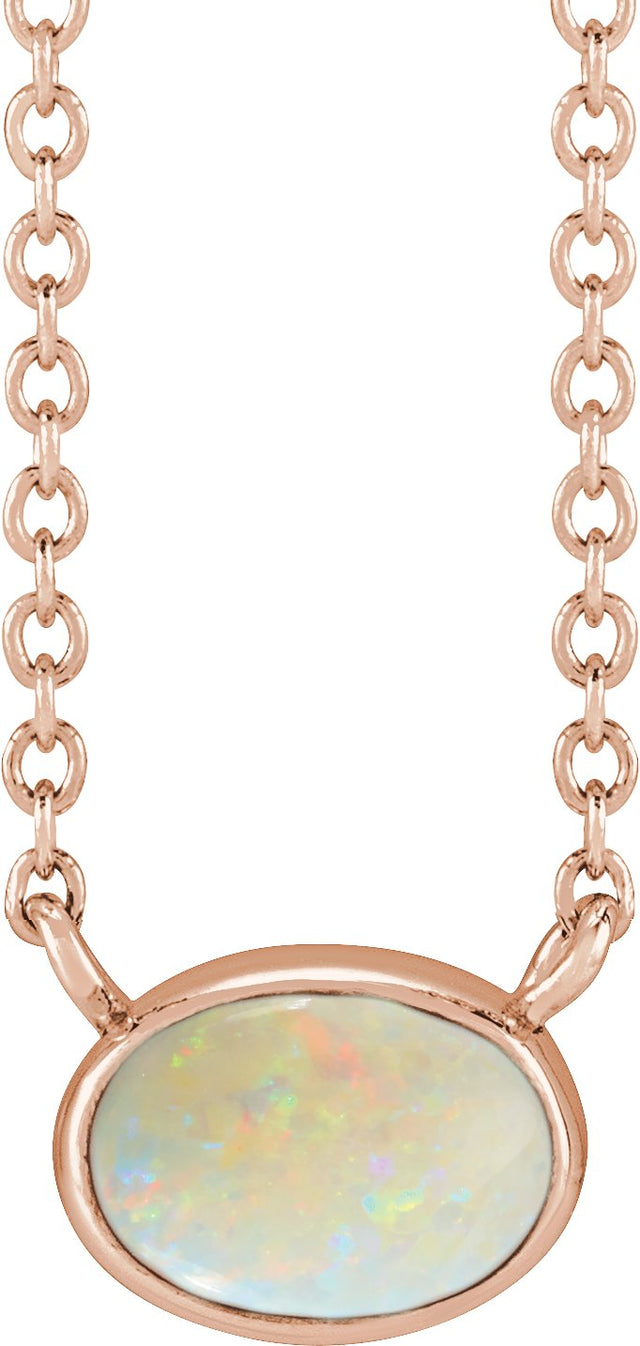 14K Gold Oval Natural White Opal Bezel-Set Cabochon Necklace - Rose Gold