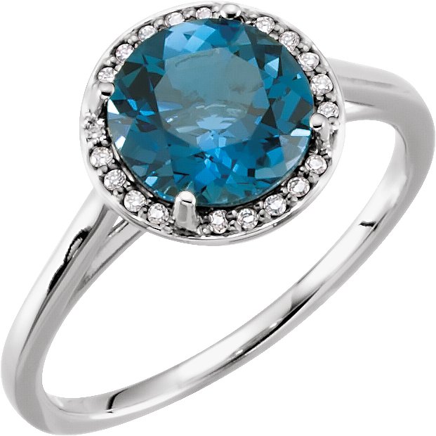 14K Gold Round Natural London Blue Topaz & Natural Diamond Halo-Style Ring - White Gold