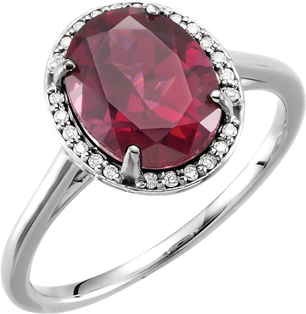 14K Gold Oval Natural Rhodolite Garnet & Natural Diamond Halo-Style Ring - White Gold