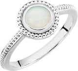 14K Gold Round Natural White Opal Beaded Cabochon Ring - White Gold