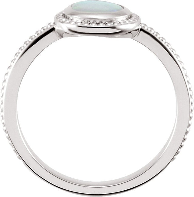 14K Gold Round Natural White Opal Beaded Cabochon Ring - White Gold - view 2