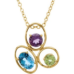 14K Gold Oval Natural Swiss Blue Topaz & Natural Amethyst & Natural Peridot Three-Stone Necklace or Pendant
