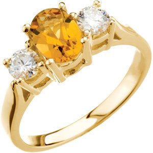 14K Gold Oval Natural Citrine & Natural Diamond Three-Stone Ring