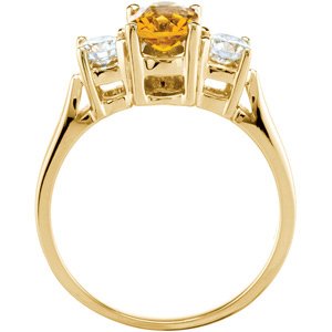 14K Gold Oval Natural Citrine & Natural Diamond Three-Stone Ring - view 2