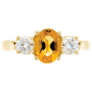 14K Gold Oval Natural Citrine & Natural Diamond Three-Stone Ring - view 3