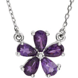 14K Gold Pear Natural Amethyst Flower Necklace - White Gold