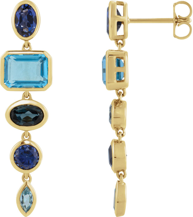 14K Gold Oval Lab-Grown Blue Sapphire & Natural London Blue Topaz Multi-Stone Dangle Earrings - Yellow Gold