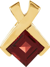 14K Gold Square Natural Mozambique Garnet Criss-Cross Solitaire Pendant