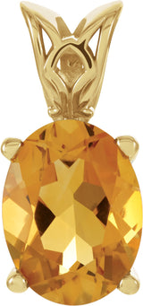 14K Gold Oval Natural Citrine Solitaire Necklace or Pendant