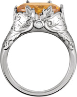 14K Gold Oval Natural Citrine & Natural Diamond Accented Leaf Ring - view 2