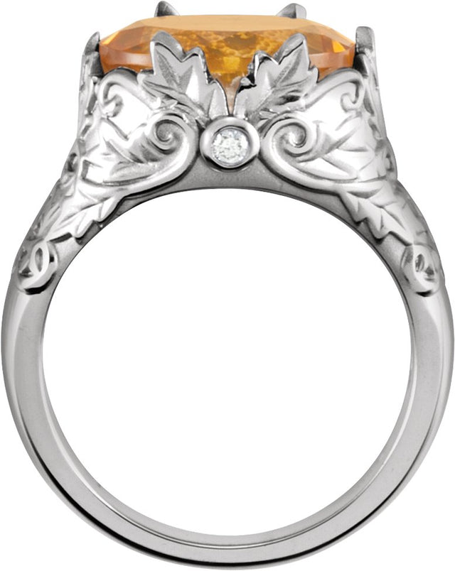 14K Gold Oval Natural Citrine & Natural Diamond Accented Leaf Ring - view 2