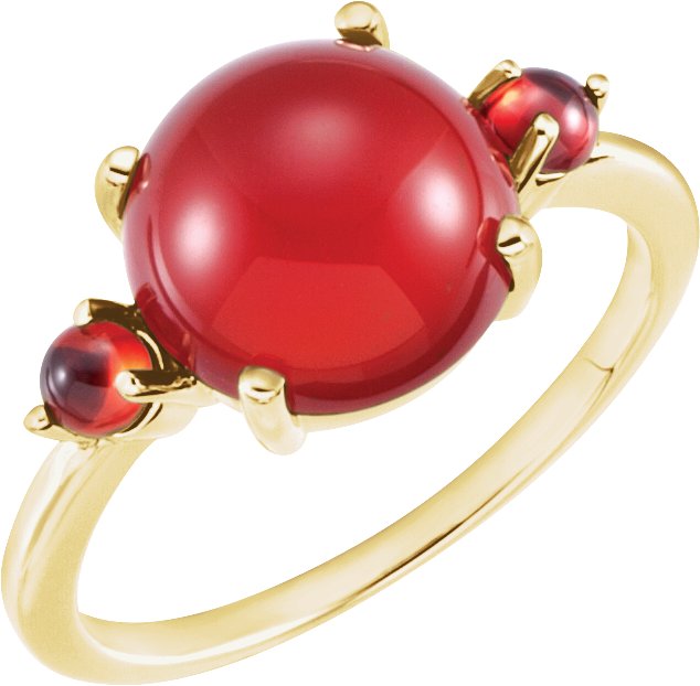14K Gold Round Natural Mozambique Garnet Three-Stone Cabochon Ring