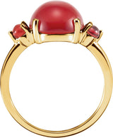 14K Gold Round Natural Mozambique Garnet Three-Stone Cabochon Ring - view 2