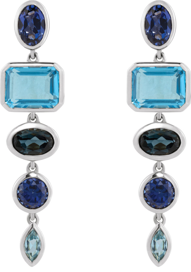 14K Gold Oval Lab-Grown Blue Sapphire & Natural London Blue Topaz Multi-Stone Dangle Earrings - White Gold - view 2